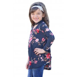Navy Floral Key Hole Front Girl's Long Sleeve Top