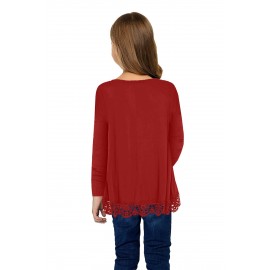 Red Long Sleeve Lace Trim O-neck A-line Tunic Blouse