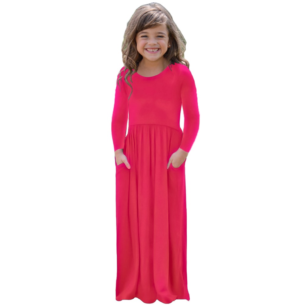 Rosy Long Sleeve Pocket Design Girls Maxi Dress