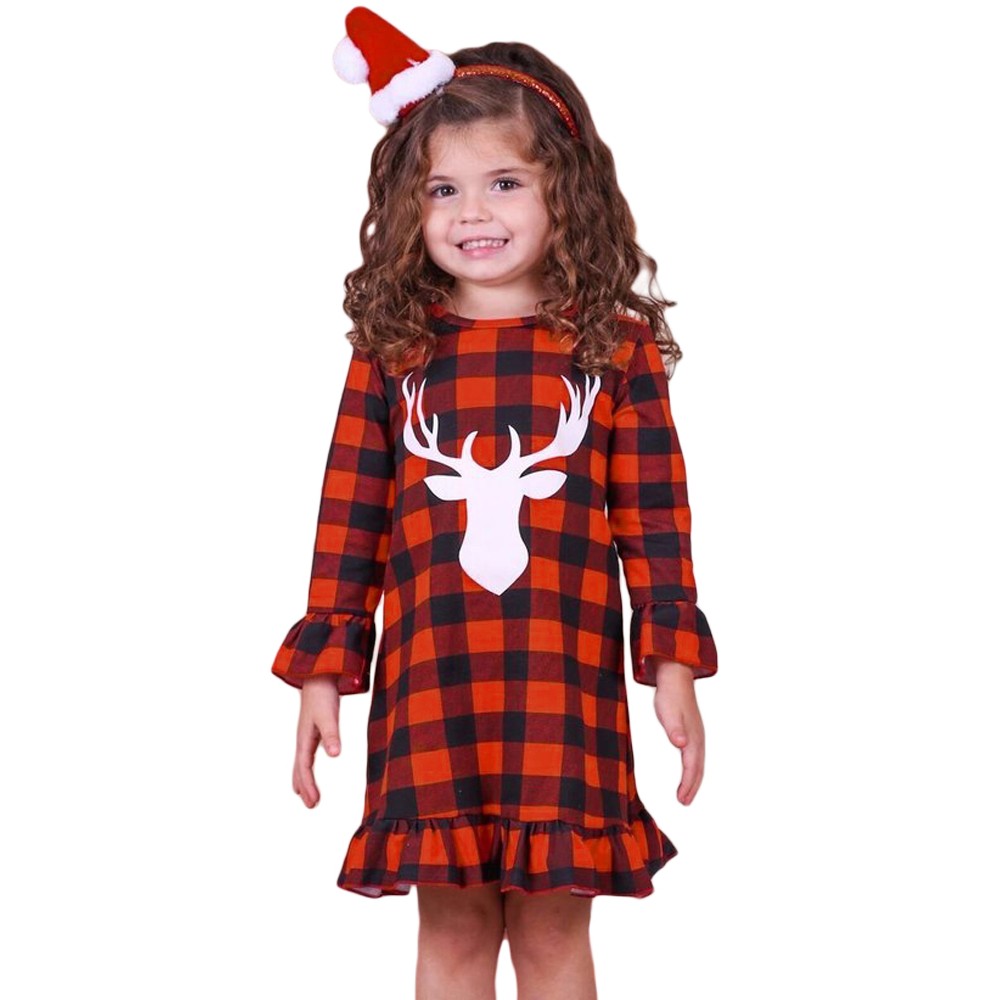 Girls Reindeer Graphic Plaid Ruffled Christmas Dress
