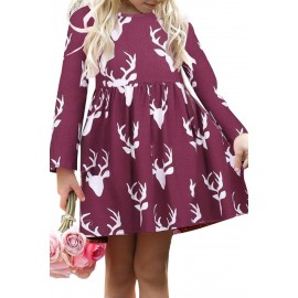 Burgundy Christmas Deer Print Long Sleeve Girl Dress