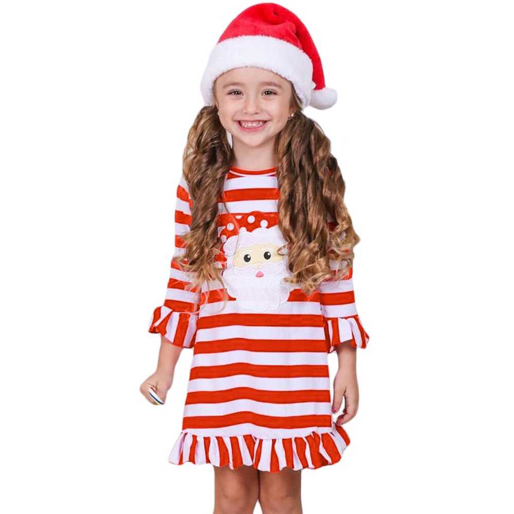 Girls Red Striped Santa Applique Ruffled Christmas Dress