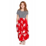 Red Striped Floral Print Little Girls Maxi Dress