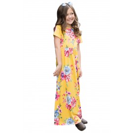 Yellow Short Sleeve Floral Print Loose Casual Maxi Dress with Pockets