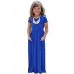 Cobalt Blue Short Sleeve Pocket Design Girls Maxi Dress