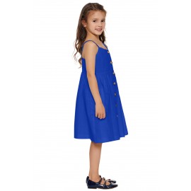 Blue Little Girls Spaghetti Strap Button Dress with Pockets