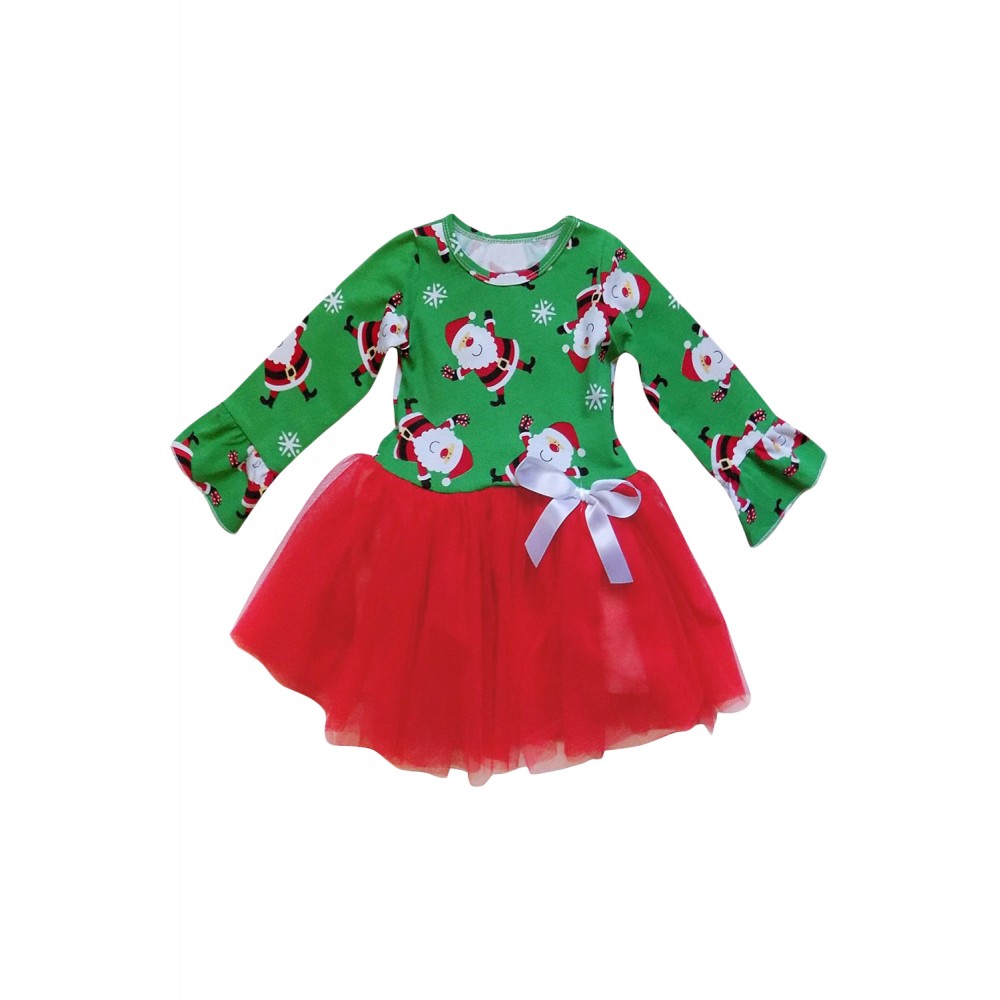 Green Red Santa Snowflack Print Christmas Toddler Dress