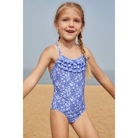 Blue White Paisley Print Little Girl Maillot with Ruffle