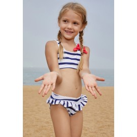 Navy Blue Striped Cross Back Swimwear for Little Girls
