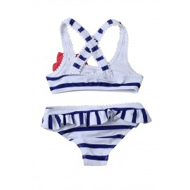 Navy Blue Striped Cross Back Swimwear for Little Girls