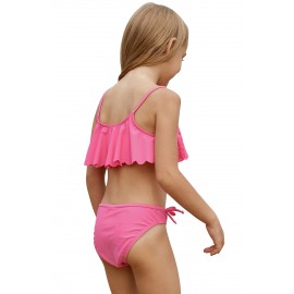 Pink Hollow-out Ruffles Overlay Girls Swimwear Set