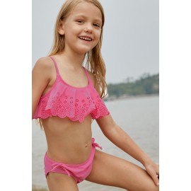 Pink Hollow-out Ruffles Overlay Girls Swimwear Set